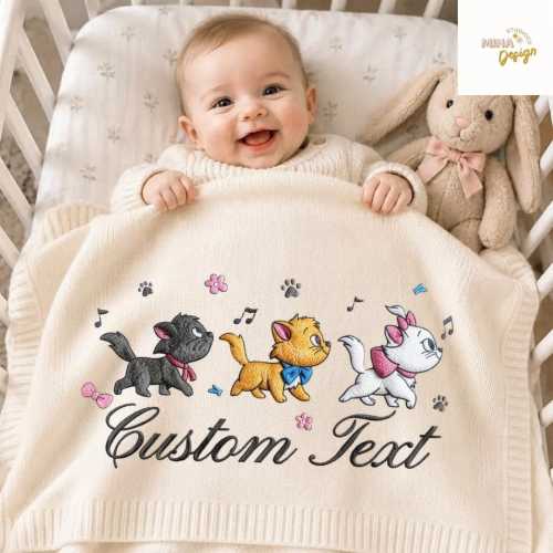 Personalized Embroidered The Aristocats Marie Toulouse Berlioz Disney Cat Blanket, Embroidery Cat Lovers Home Decor, Kids Baby Knit Blanket
