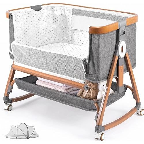 Baby Bassinet Bedside Bassinet, 3 in 1 Rocking Crib, Grey