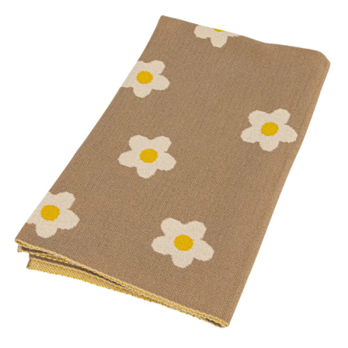 Cotton Knit Baby Blanket with Printed Flowers, Brown and White