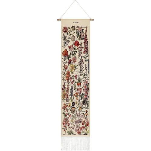 Tegeme Vintage Tapestry 52 x 13 Inch, Long Vertical Wall Hanging Reference Illustrative Botanical Tassel Tapestry for Bedroom Living Room Home Decoration(Flower)