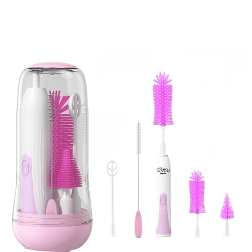 Travel Electric Baby Bottle Brush Set with Electric Bottle Cleaner and Water Bottle Brush and Nipple/Straw Brush,Milk Frother and Drying Rack(Purple)