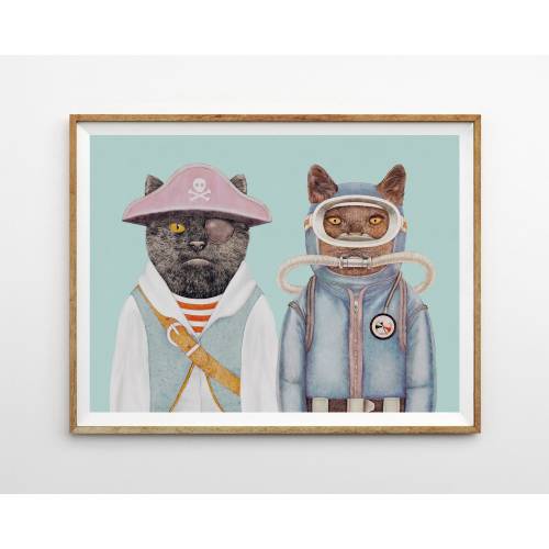 Aquatic Cats Art Print - Nautical Nursery Room Decor, Colorful Wall Art, Eclectic Kids Room Decor, Pirates Wall Art