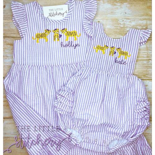 Tiger Trio Sunsuit or Dress: Girls Seersucker Football Outfit