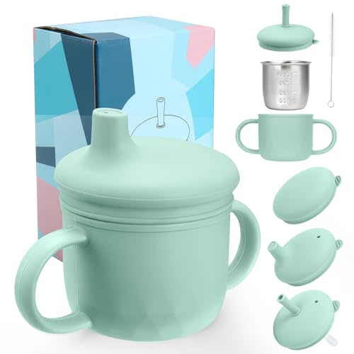Mity rain 3-in-1 Stainless Steel Sippy Cup for 6+ Month Old | Baby Straw Cups for Toddlers 1-3 with Travel Lid, Silicone Straw, Replacement Straw & Cleaning Brush - 8oz Toddler Cups Green