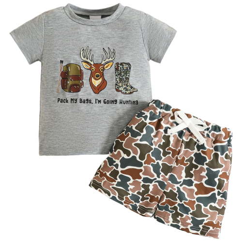 zaveiop Toddler Baby Boy Clothes Summer Hunting Print Short Sleeve Tops Camouflage Shorts Outfits Infant Casual Clothes (Grey, 6-12 Months)