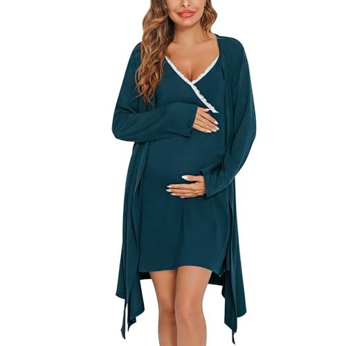 SWOMOG Womens Maternity Robe 2 Piece Nursing Nightgown for Breastfeeding 3 in 1 Labor Delivery Nursing Dress Lace Bathrobe