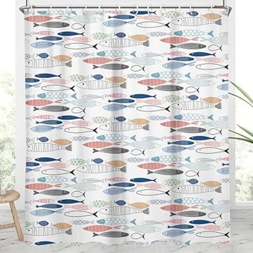 AAtter Fish Shower Curtain, Navy White, 72x84