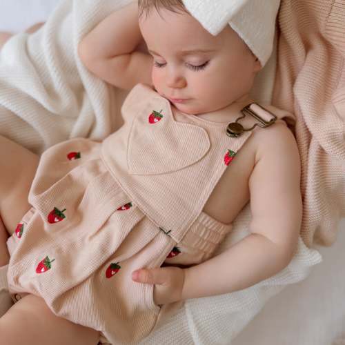 Denim Overall Romper - Strawberry Dreams