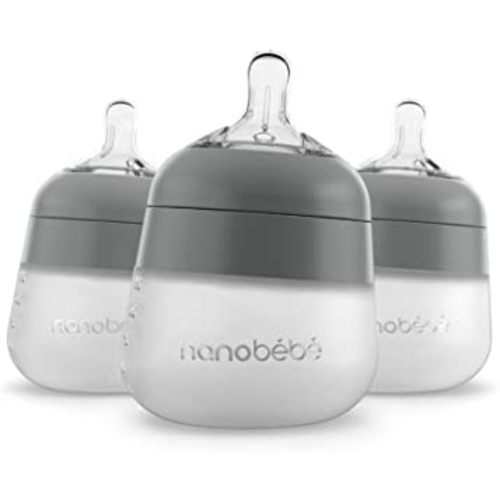 Nanobébé Flexy Silicone Baby Bottle, Anti-Colic, Natural Feel, Non-Collapsing Nipple, Non-Tip Stable Base, Easy to Clean 3-Pack, Gray, 5 oz