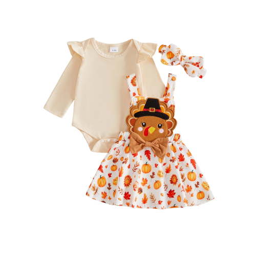 Cjfdfy Newborn Baby Girl Thanksgiving Outfit Solid Color Romper Overalls Turkey Pumpkin Dress And Bow Headband 3Pcs Infant Cute My First Thanksgiving Fall Winter Outfits