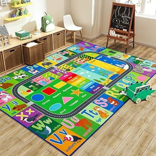 HOMORE Kids Educational Rug, Kids Collection Area Rug for Learning Alphabet, Numbers, Colors, Season and Animal Words, Playmat for Classroom Playroom, 4x6 Feet Green