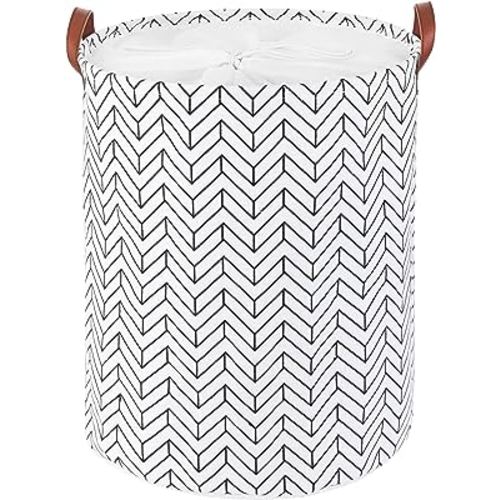 Large Foldable Laundry Basket Organizer Holder portable tall collapsible laundry hamper nusery Storage Basket Bin with PU Leather Handles and Drawstring Closure (Waterproof Lining, Black Arrow)