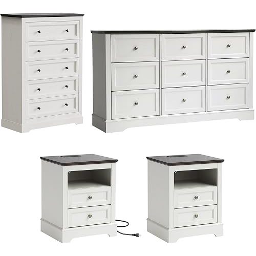 LOUVIXA Farmhouse Bedroom Sets of 4, Including 9 Drawer Dresser, 5 Drawer Dressers and Nightstand Set of 2 with Charging Station (Off White Sets, 4 Pieces)