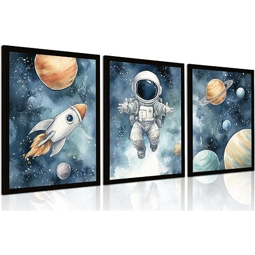 3 Pcs Astronaut Space Wall Art for Boys Room – Framed 8x10 Inch Kids Outer Space Canvas Prints Rocket & Planets Galaxy Nursery Decor for Bedroom Playroom