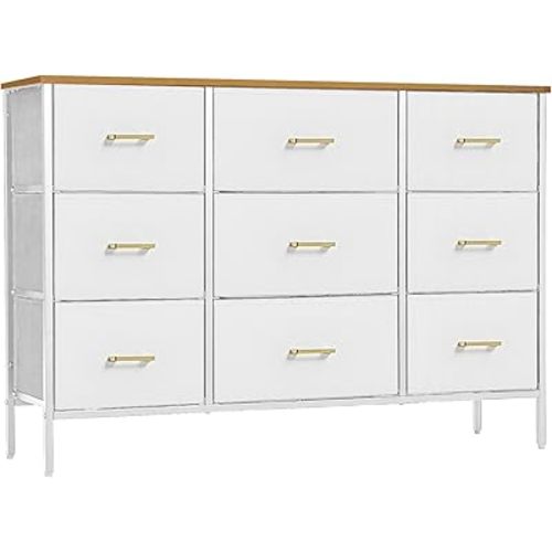 Wide TV Stand Modern TV Console, 9 Drawers Dresser for Bedroom, Fabric Storage Cabinet, Chest of Drawers for Closet, Nursery, Living Room（White）