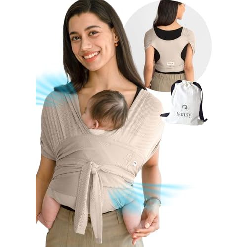 Konny Baby Carrier Flex AirMesh with Head Support - Adjustable, Easy to Wear, Hands-Free Breathable Baby Wrap Sling, Perfect for Newborn Babies Essentials up to 44 lbs (M-4XL) - Beige
