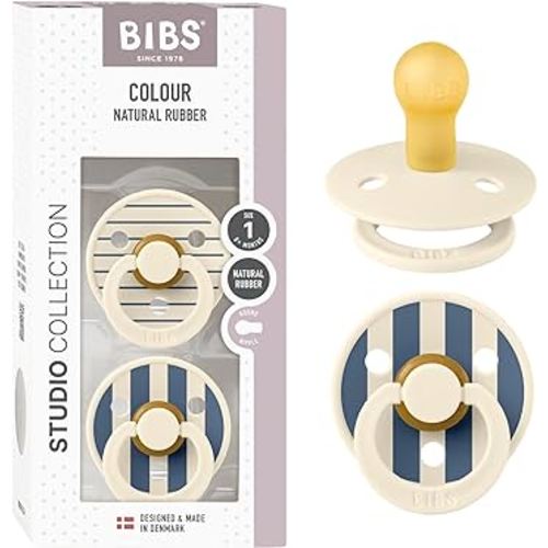 BIBS Pacifiers - Studio 2 Pack | Round Nipple Baby Pacifier | BPA Free Natural Rubber Latex Soother | Made in Denmark | Size 0+ Months | Pin Ivory Steel Blue