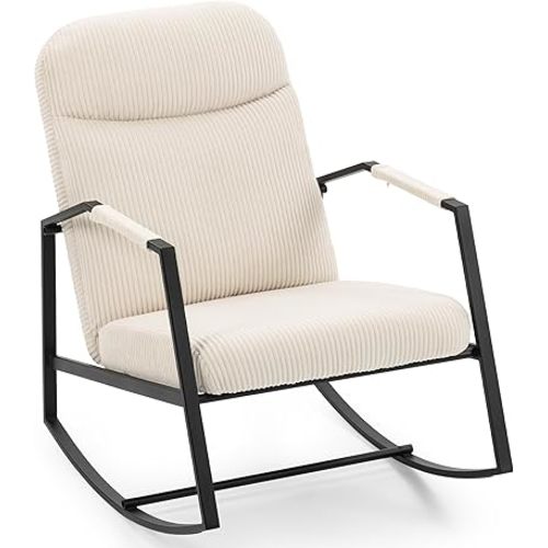 HOMEFUN Nursery Rocking Chair,Patio Rocking Chair,Upholstered Glider Rocker with Padded Seat and High Backrest Safe and Comfy Armchair for Living Room Office,Front Porch, Garden, Patio, Backyard Cream