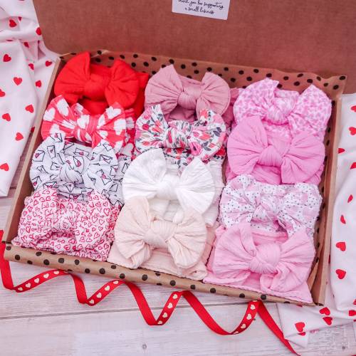 Baby Girl Headbands | Pink & Heart Bows fit Newborn to Preschool | Soft Nylon Stretchy Hairbands | Pastel Neutral Bows | Baby Shower Gift