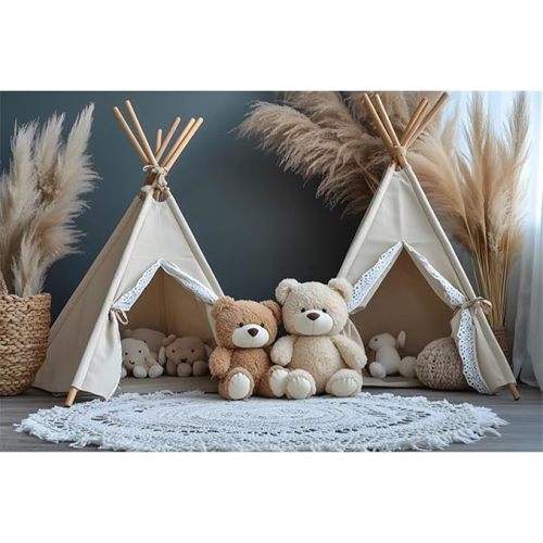 YongFoto Bear Theme Backdrop 7x5ft Tent Blanket Pampas Boho Photography Background Baby Shower Cradle Ceremony Kid Birthday Party Banner Baby Portraits Photoshoot Wallpaper Photo Studio Booth Prop