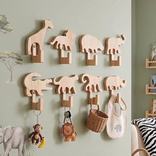 Yinkin 8 Pcs Safari Animal Wall Hooks for Nursery, Hold 25 Lbs