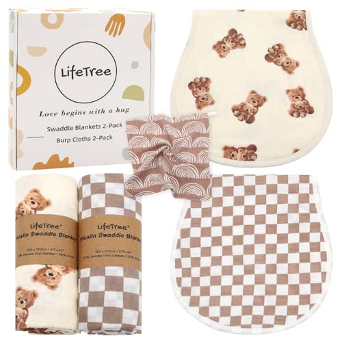 LifeTree Baby Swaddle Blankets 2 Pack and Burp Cloths 2 Pack Set, Muslin Swaddling Wrap Receiving Blanket for Newborn, 70% Viscose from Bamboo and 30% Cotton, Large 47" x 47", Bear and Checkered