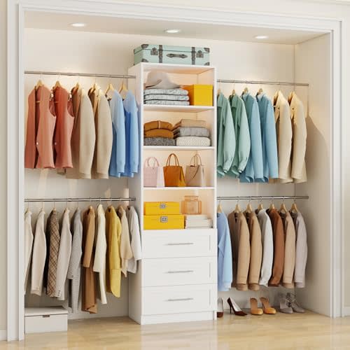 Closet System with Drawers, 4-8FT Closet Organizer System, 96” Walk in Closet Organizer Tower with Adjustable Shelves, Modular Closet Storage Drawer System with 4 Expandable Hanging Rods, White