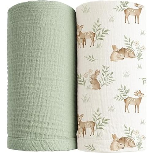 Konssy Muslin Swaddle Blankets for Girls Boys 2 Pack, 100% Cotton Receiving Baby Blanket Large 47 x 47 inches, Soft Breathable Swaddling Wrap for Unisex Newborn (Woodland,Sage)