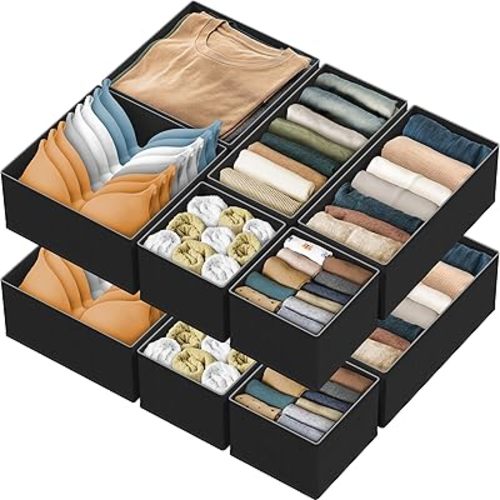 SIMPLE HOUSEWARE Foldable Drawer Organizer for Clothes/Underwear/Panty/Onesie Stocking Bin, Set of 12, Black