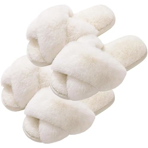 Evshine 2Pairs 4Pairs Women's Fuzzy Slippers Cross Band Memory Foam House Slippers Open Toe Indoor Outdoor Shoes