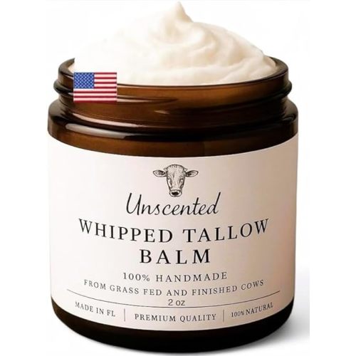 HANDMADE UNSCENTED Whipped Tallow Balm, 100% Natural Moisturizer from Grass-Fed Cows for Dry and Sensitive Skin. (2 oz, Unscented) - only one pure ingredient.