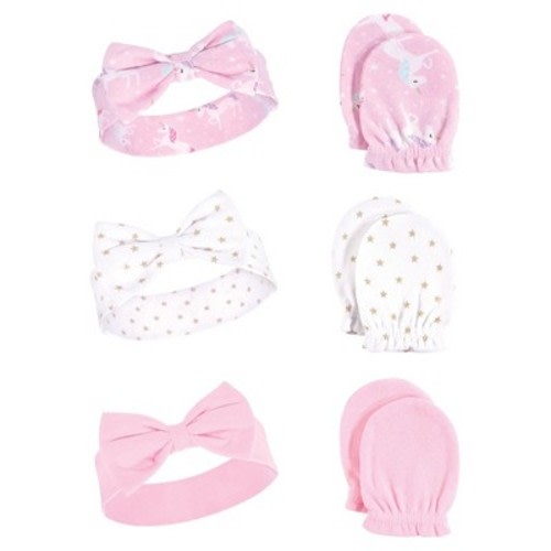 Hudson Baby Infant Girls Cotton Headband and Scratch Mitten 6pc Set, Unicorn, 0-6 Months