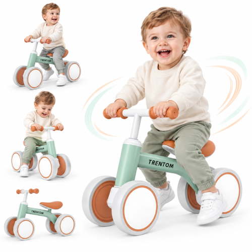 Baby Balance Bike Ride Toy for 1 2 Years Old Adjustable Seat, Green | 4 Wheels, Sturdy Steel Frame, Non-Slip Handles, Soft PU Seat, Indoor Outdoor Play, First Birthday Gift for Toddler Boys Girls