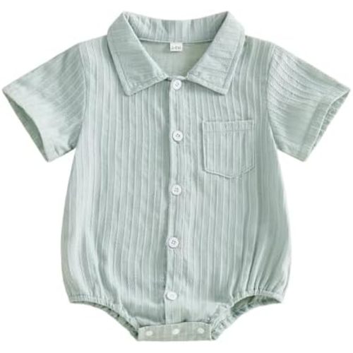Newborn Baby Boy Clothes Solid Color Textured Shirt Romper Short Sleeve Collared Button Down Bodysuit Summer Outfit