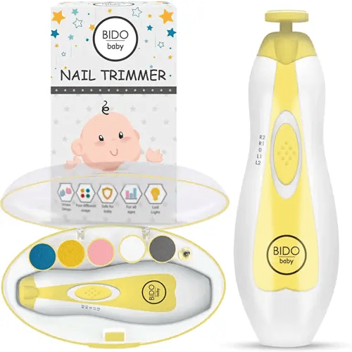 BİDO Baby Nail Trimmer File Electric-Safe Baby Nail Clippers,Manicure Kit for Newborn Toddler and Kids,6 Grinding Heads and LED Light, Pink or Blue (Yellow)
