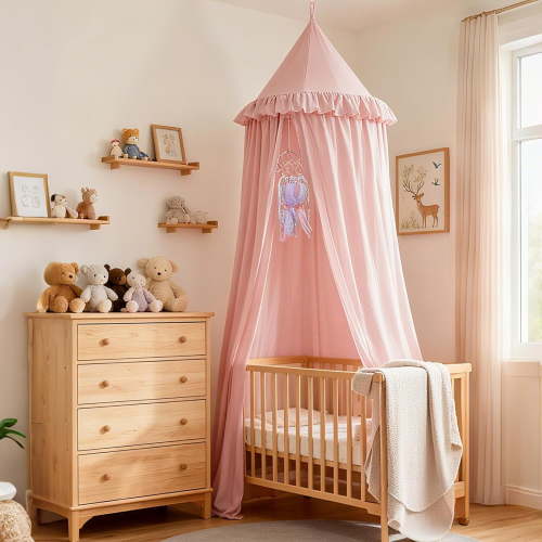 ANHXN Kids Bed Canopy for Crib & Twin Size with Ruffles Dreamcatcher, Room Decor Toddler Baby Dome Round Hanging Tent Curtains Skirt Over Bed Reading Nook Play