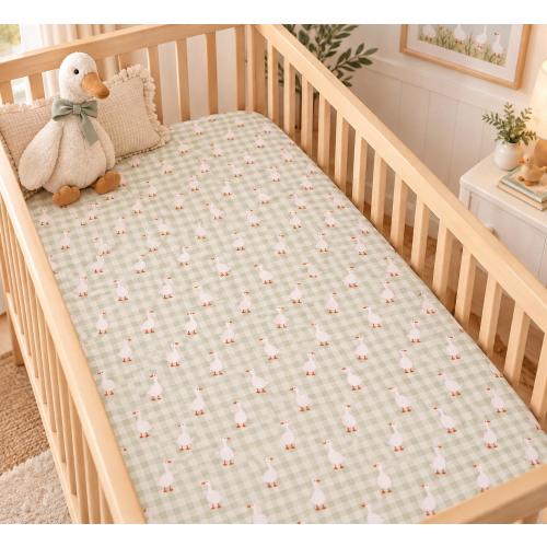 White Ducks on Green Gingham Cotton Nursery Bedding