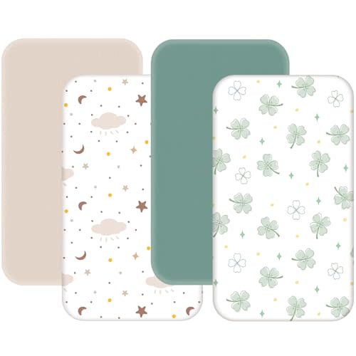 4 Pack Mini Crib Sheets Fitted - 38"x26" Pack and Play Sheets for Playard Mattress, Portable Mini Crib | Soft & Skin Friendly Pack N Play Sheets for Boys Girls (Clover & Moon Star)