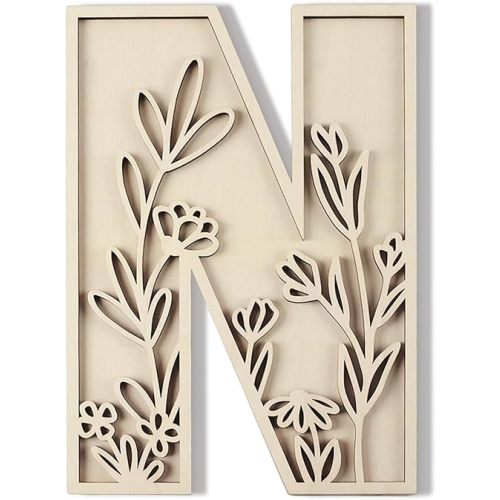 Layered 12 Inch Large Wooden Letters for Wall Decor, Flowered Paintable Wooden Nursery Letters for Crafts Wood Alphabet Letter N for Birthday Boho Nursery Name Sign Wedding Home Decoration