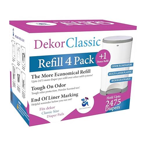 Diaper Pail Refills Compatible with Dekor CLASSIC, 5 Pack | Exclusive 30% Extra Thickness | Powerful Odor Elimination | Fresh Powder Scent | Holds up to 2500 Diapers | Extra Strong