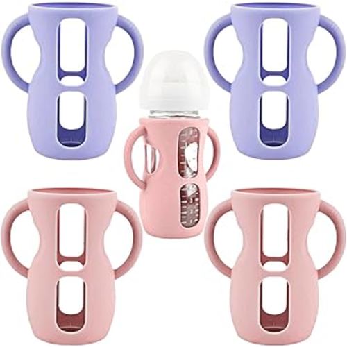 4 Pack Silicone Sleeves for Avent Natural Glass Baby Bottles, Silicone and Easy-Grip Handles for Drop Protection, Compatible with Philips Avent 4/8 OZ Glass Bottle (2 Pink+2 Purple, 8 OZ)