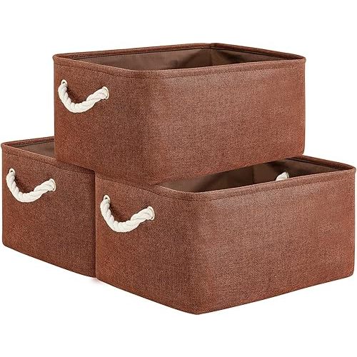 TheWarmHome Decorative Basket Rectangular Fabric Storage Bin Organizer Basket with Handles for Clothes Storage (Brown,Large-3Pack,15.7L*11.8W*8.3H)