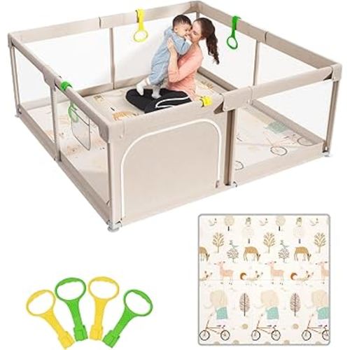 Mloong Baby Playpen with Mat, 59x59 Inches Extra Large Playpen for Babies and Toddlers, Indoor & Outdoor Activity Center, Safety Baby Fence