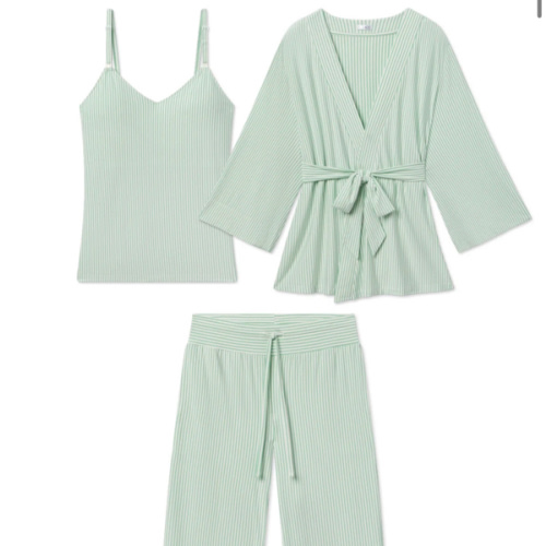 LAKE | Women | DreamModal Pajamas | Parisian Green Pencil Stripe Maternity Kimono Bundle