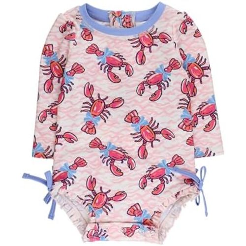 RuffleButts Baby Girls UPF 50+ Sun Protection Floral Printed Long Sleeve One Piece Rash Guard Swimsuit with Zipper
