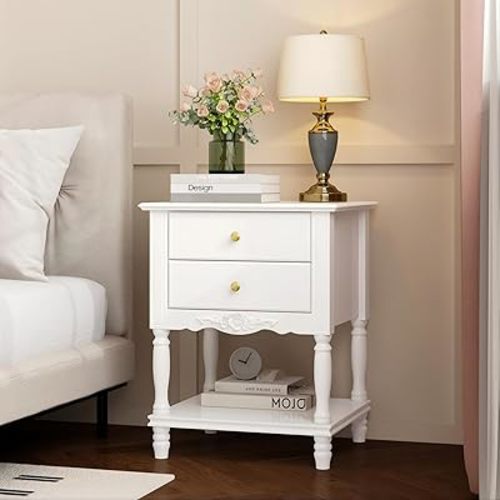 WOODTIME White Accent Nightstand with 2 Drawers, Bottom Shelf & Carve Pattern, Modern Wooden Night Stand Bedside Table, Versatile End Sofa Bed Side Table for Bedroom Living Room