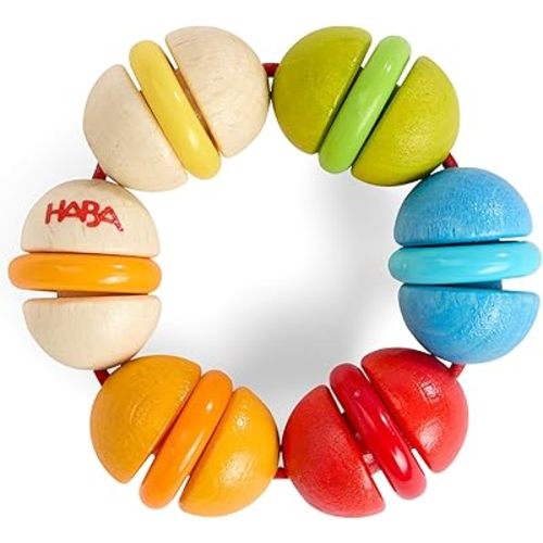 HABA Rainbow Rattle Grasping & Baby Teether – Colorful Sensory Toys for Babies with Gentle Sound and Safe Finish for 6 Months+