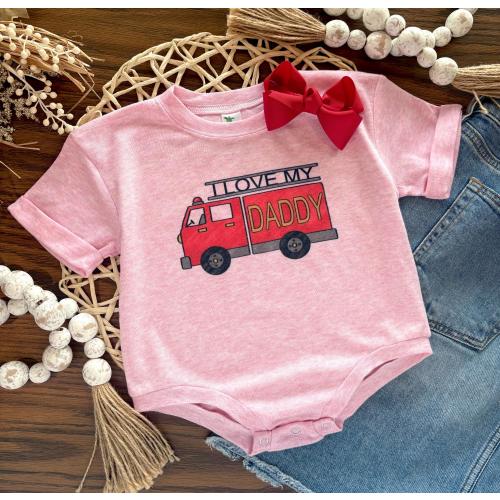 Firetruck I love my Daddy on Pink Sublimation Baby Shirt, Laughing Giraffe Tee, Custom Kids T shirt