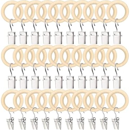POVETIRE 30 Pack 2.5 Inch Wood Rings with Clips for Hanging Baby Headband Hair Accessories Baby Bib NecklaceJewelry Hat Holder