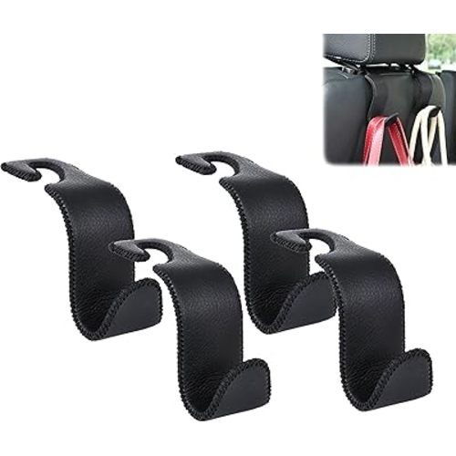 Amooca Car Seat Headrest Hook Universal Vehicle Storage Hanger Leather with Metal Car Seat Back Organizer for Handbag Purse Coat Black 4 Pack